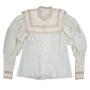 Vintage Edwardian Style Lace Blouse Ivory Satin Puff Sleeve Romantic Cottagecore